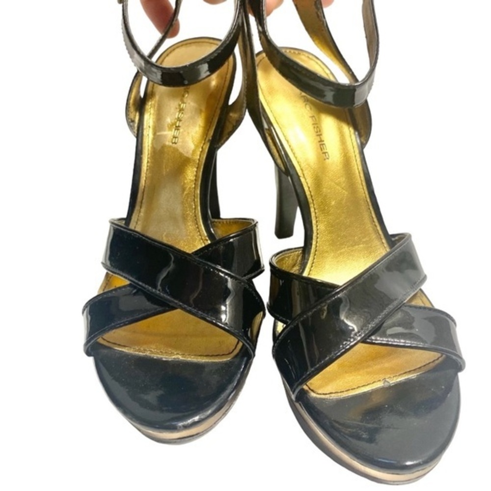 Marc Fisher Patent Leather Black & Gold Strappy Heels | 6.5